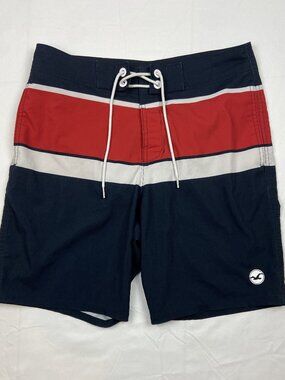 Hollister Men's Size 30 Navy Blue Bathing Suit With Red & White Stripes